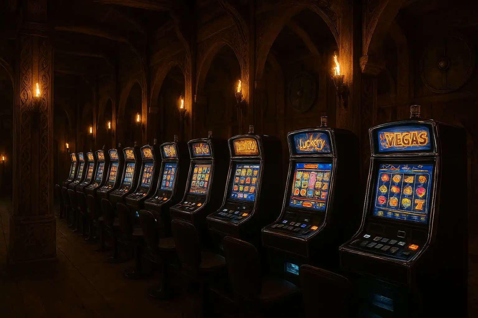 Rows of glowing slot machines lined up inside a Viking mead hall